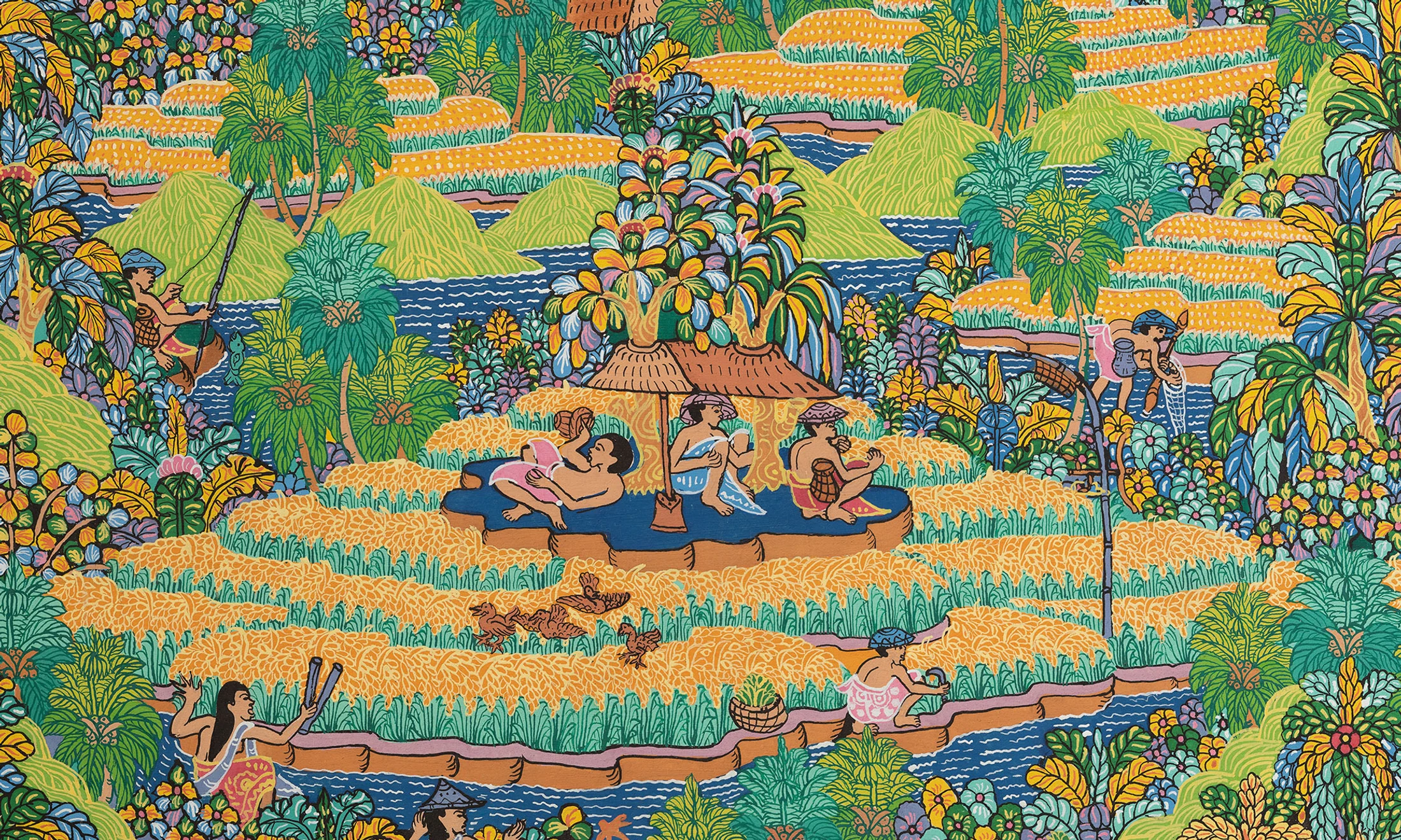Dragon-headed sailing boats and paddlers cross blue water between brilliant rice terraces and tropical plants.