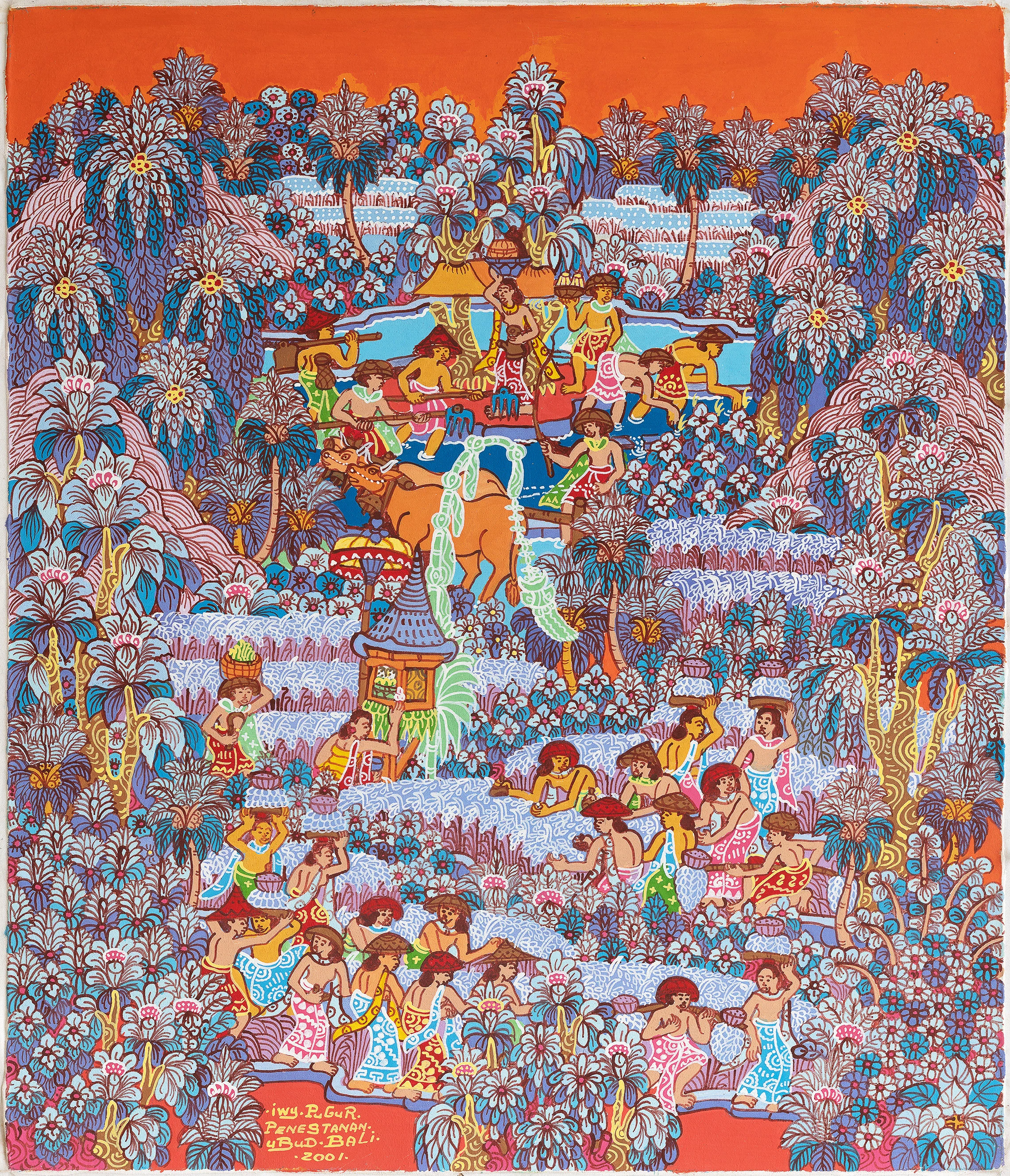 A vertical orange-sky harvest scene with a buffalo, a shrine and villagers moving through dense blue vegetation.