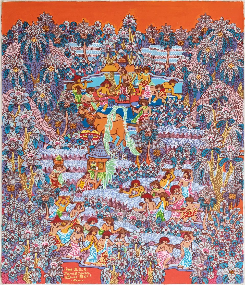 A vertical orange-sky harvest scene with a buffalo, a shrine and villagers moving through dense blue vegetation.