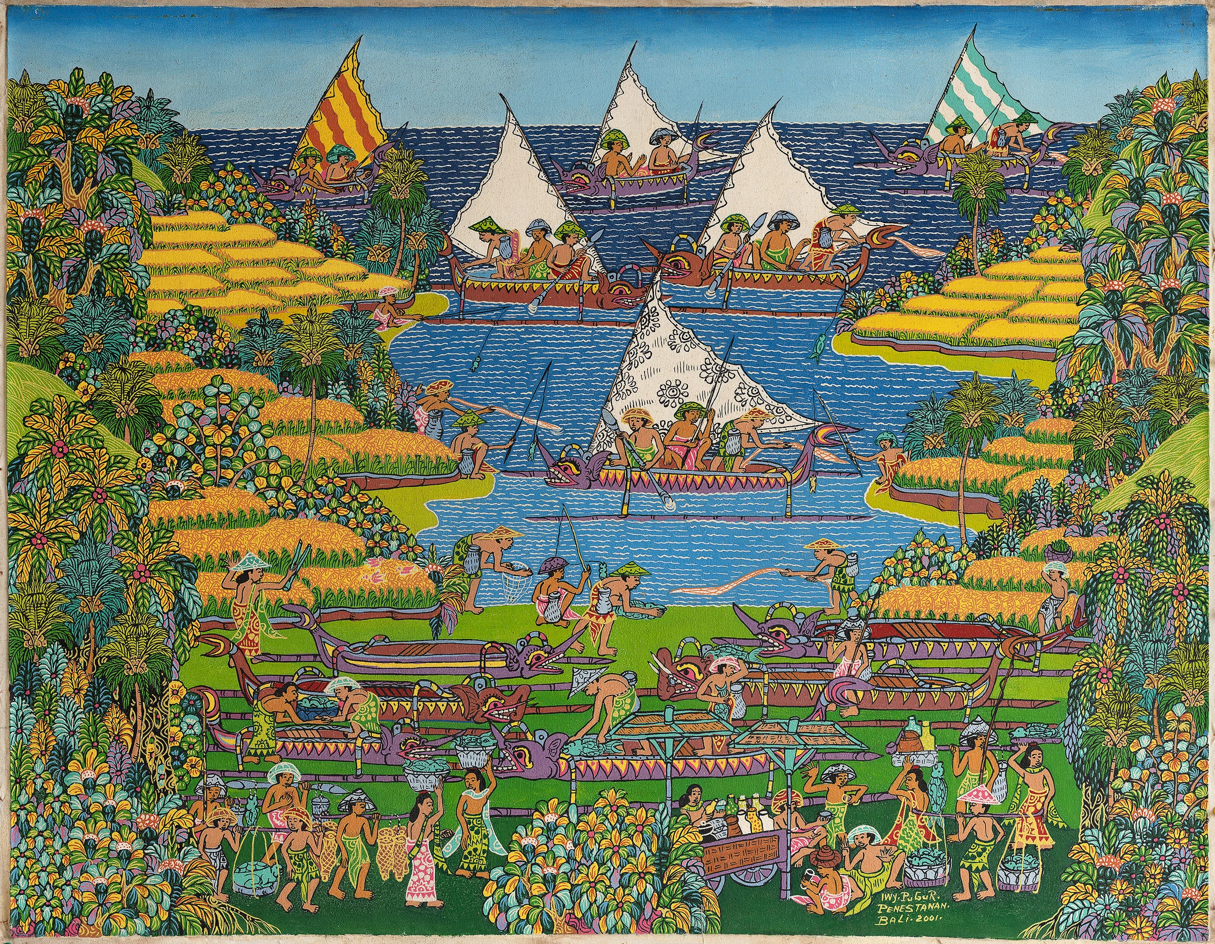 Dragon-headed sailing boats and paddlers cross blue water between brilliant rice terraces and tropical plants.