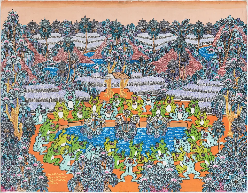 Dozens of green and blue frogs gather around a vivid pond beneath a seated central figure and dense foliage.