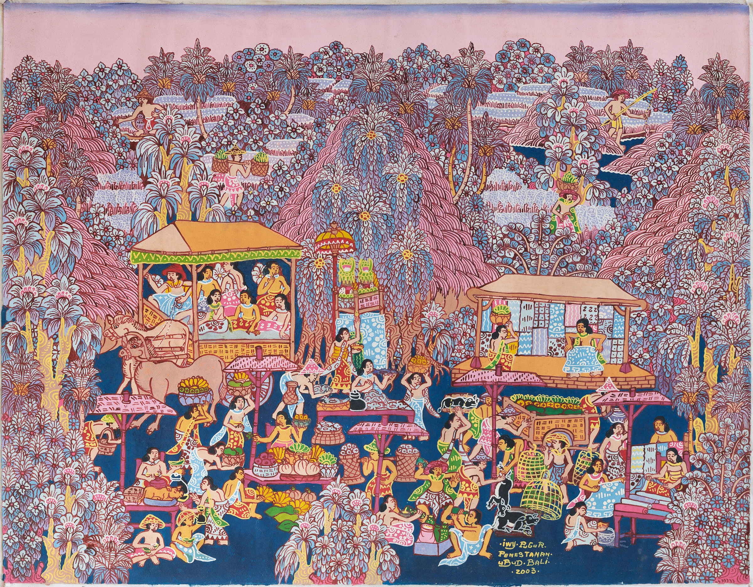 A crowded village market with people, cattle, baskets and stalls surrounded by pink and blue vegetation.
