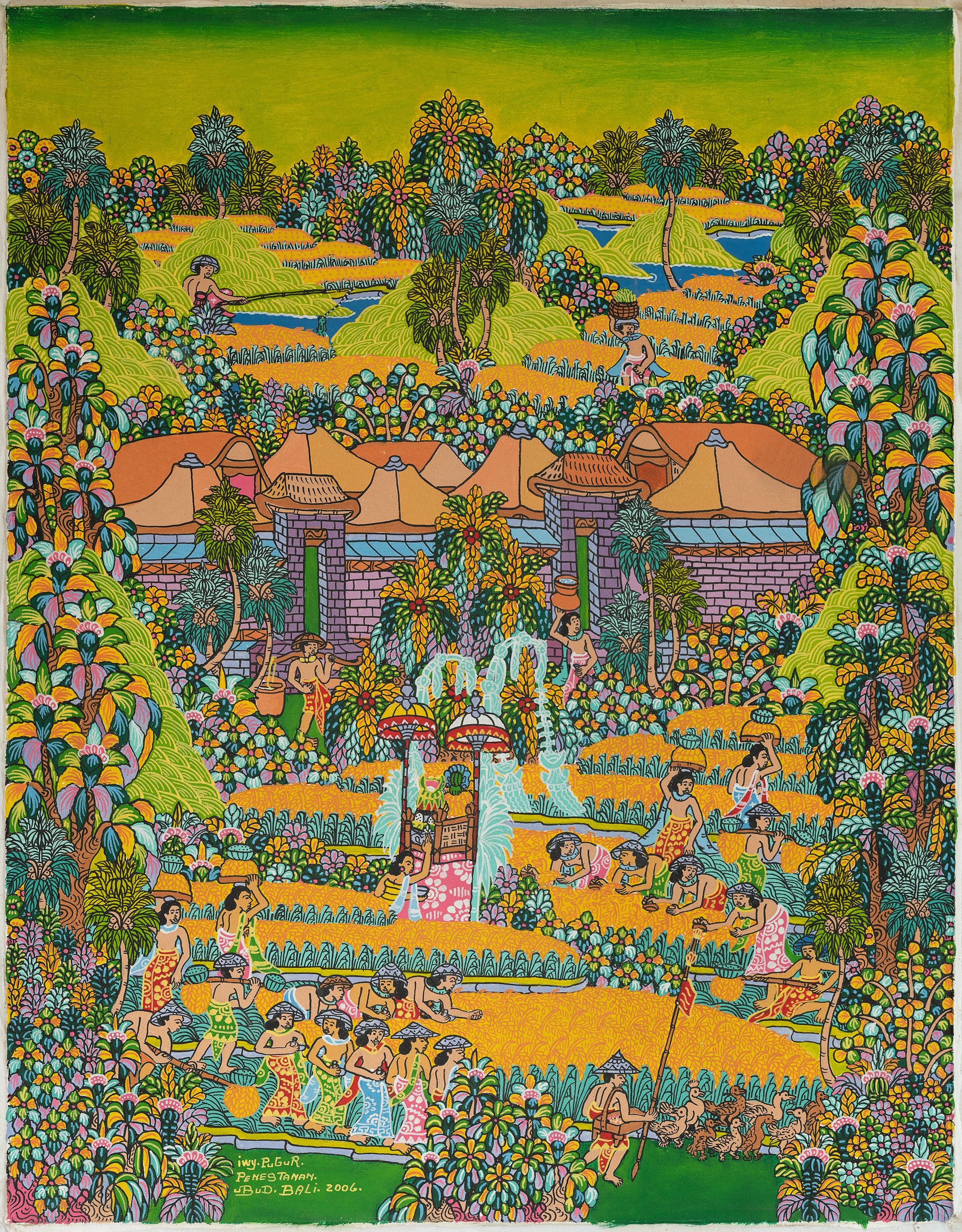 A vertical village compound where people work among animals and orange ground below a pond and rice terraces.