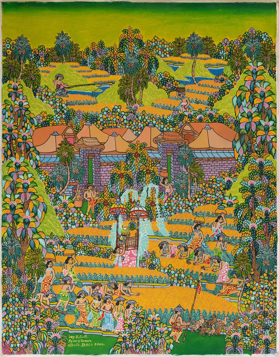 A vertical village compound where people work among animals and orange ground below a pond and rice terraces.