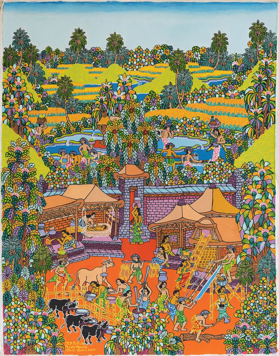 A vivid orange village yard with weaving, vessels, livestock and workers beneath a pond and green terraces.