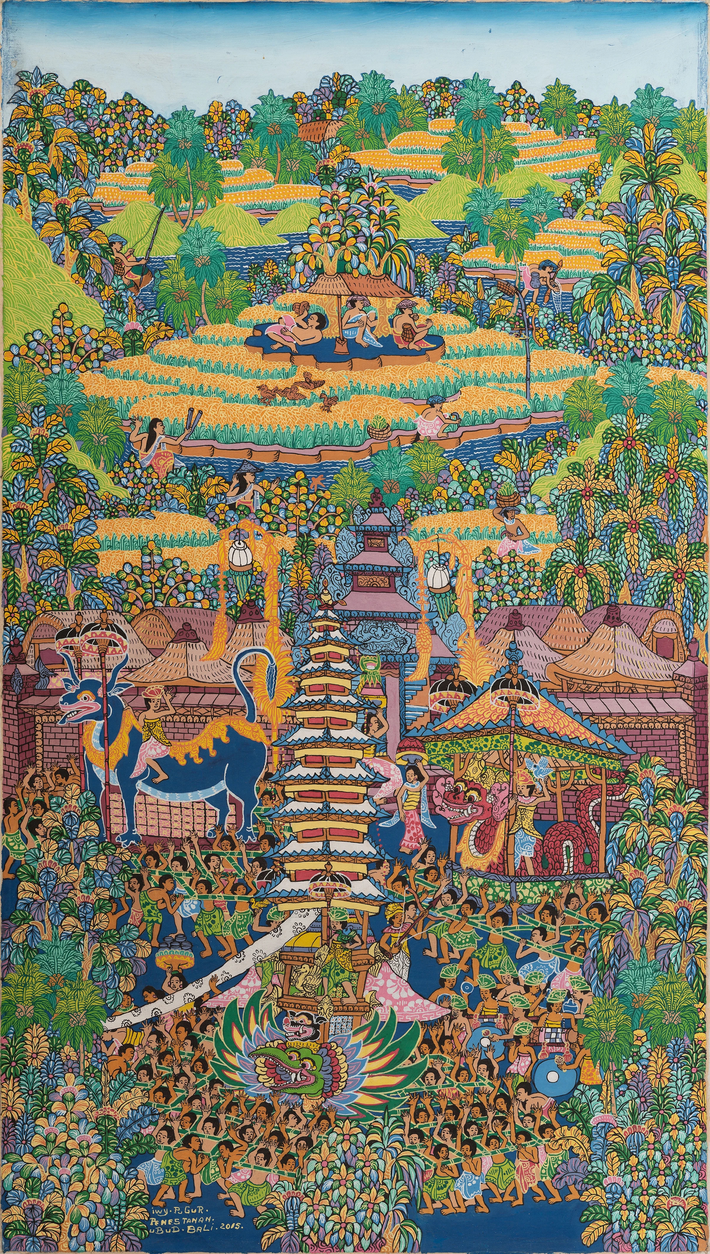 A towering ceremonial procession with a dragon, shrine, umbrellas and a dense crowd below quiet golden terraces.