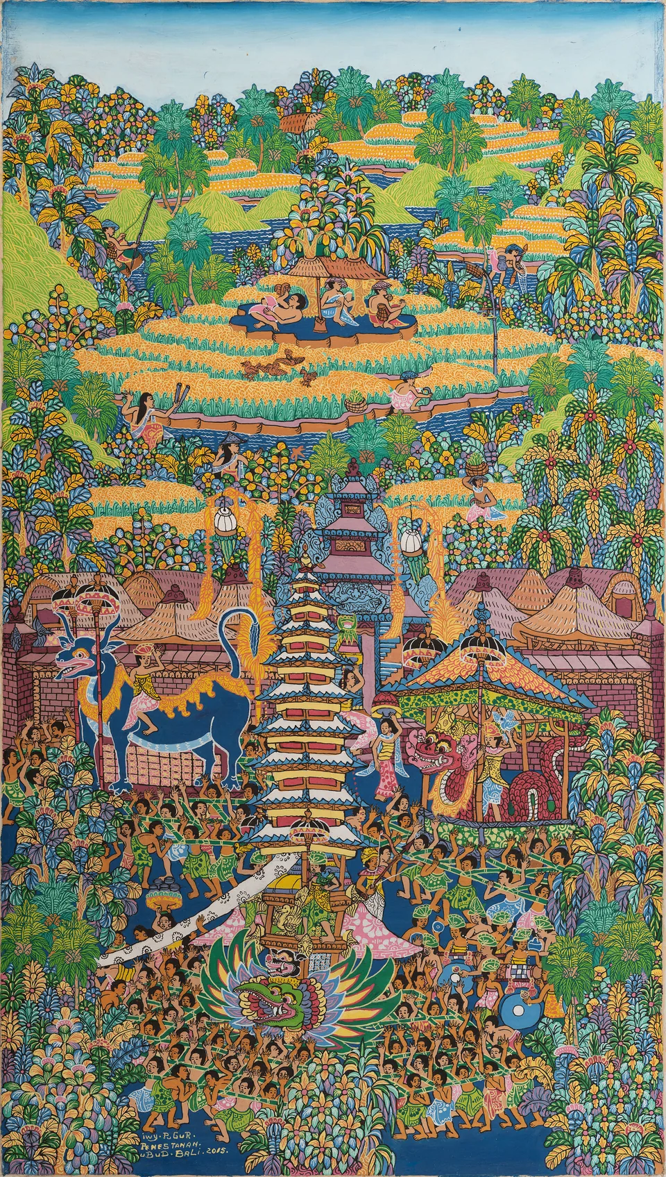 A towering ceremonial procession with a dragon, shrine, umbrellas and a dense crowd below quiet golden terraces.