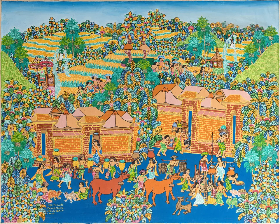 Two rust-coloured bulls move through a blue village courtyard busy with people, animals and carried vessels.