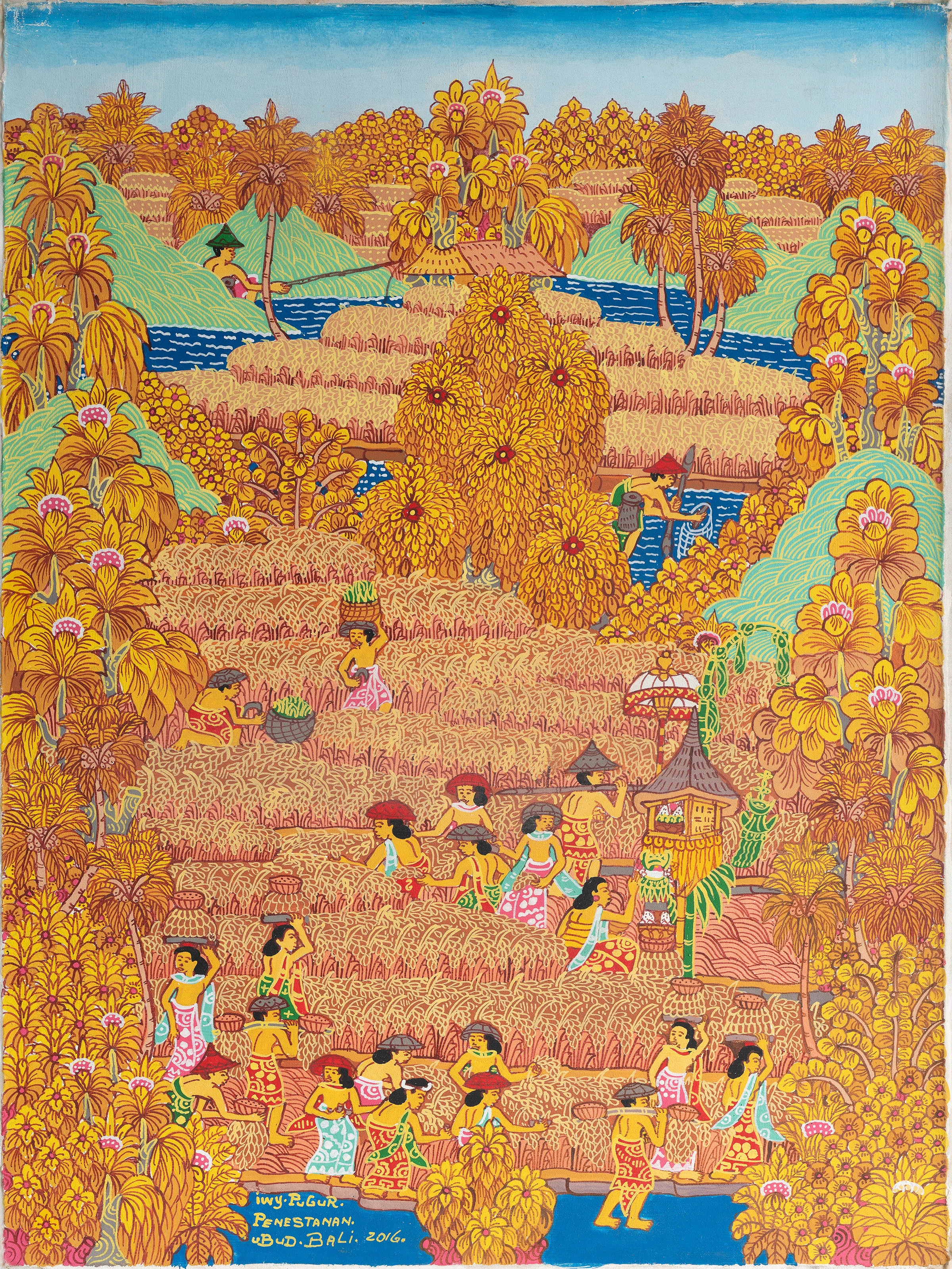 A vertical golden harvest landscape with workers, a central shrine and narrow blue waterways.