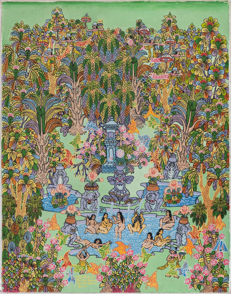 A pale green bathing garden with fountains, women in water, butterflies, dancers and layered tropical plants.