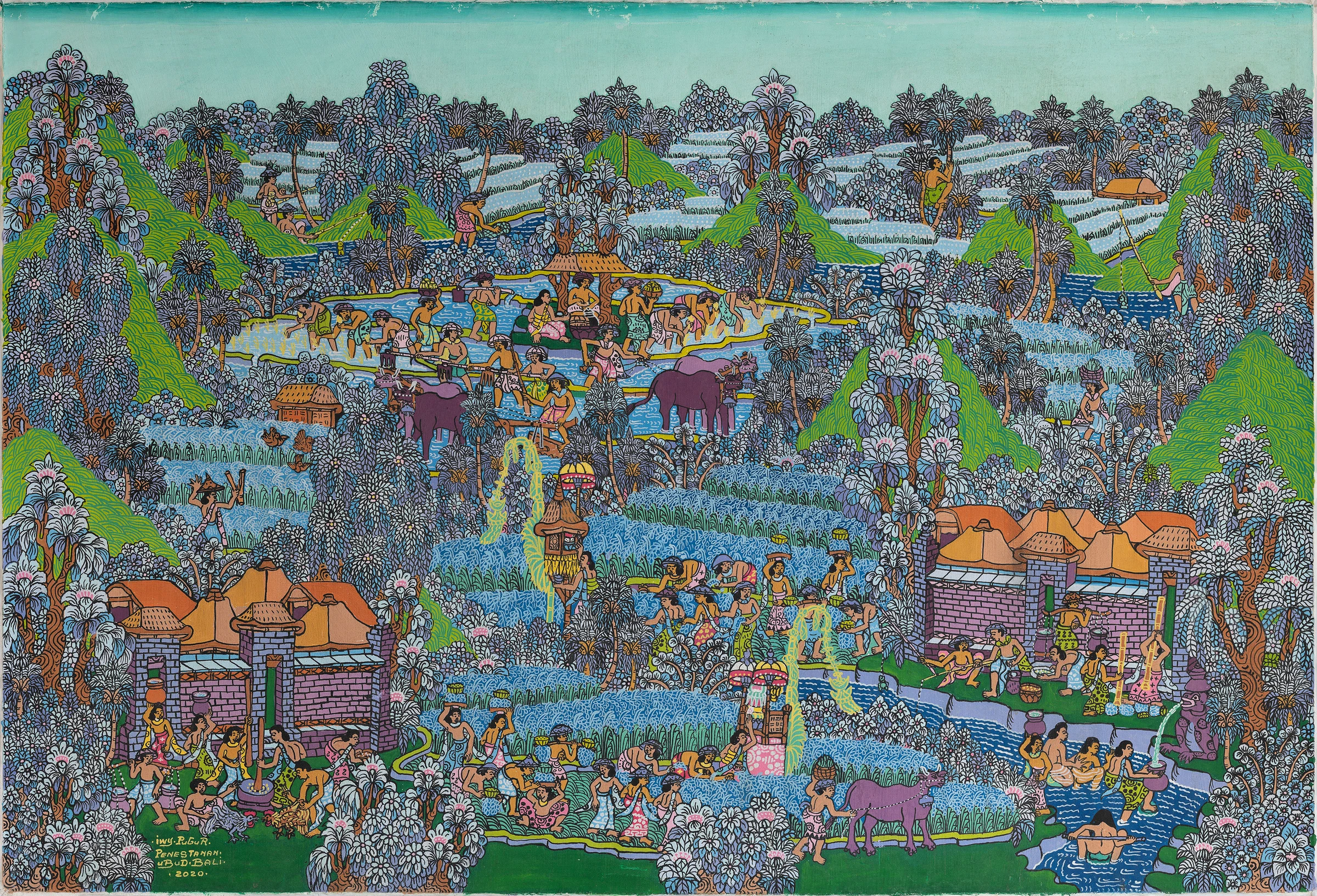 A wide blue-grey and green rice landscape filled with workers, buffalo and flowing irrigation channels.