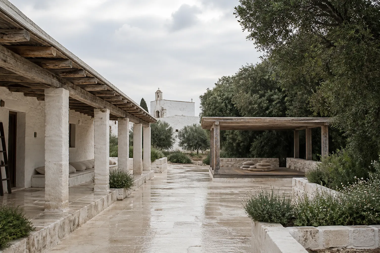 Editorial visualisation evoking a quiet masseria courtyard for La Rosa dei 4 Venti
