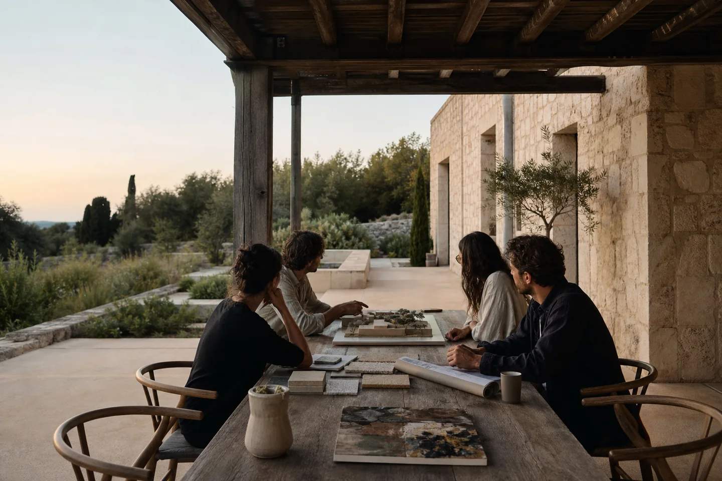Editorial visualisation of four people reviewing a site model and material samples at an outdoor table