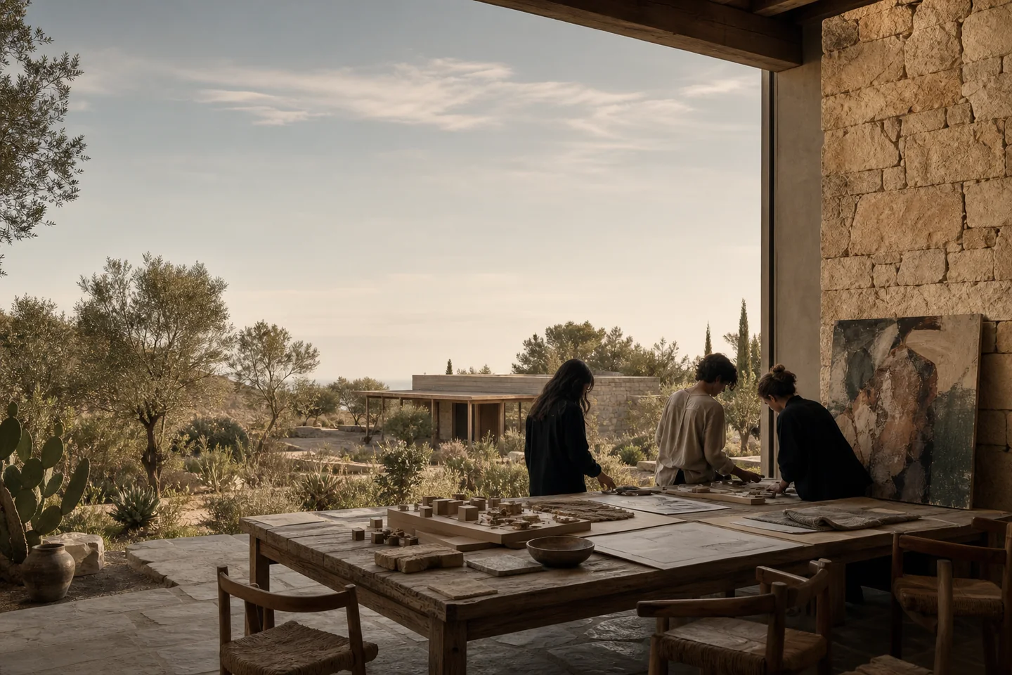 Editorial visualisation of three people working around architectural models and an artwork in a Mediterranean courtyard