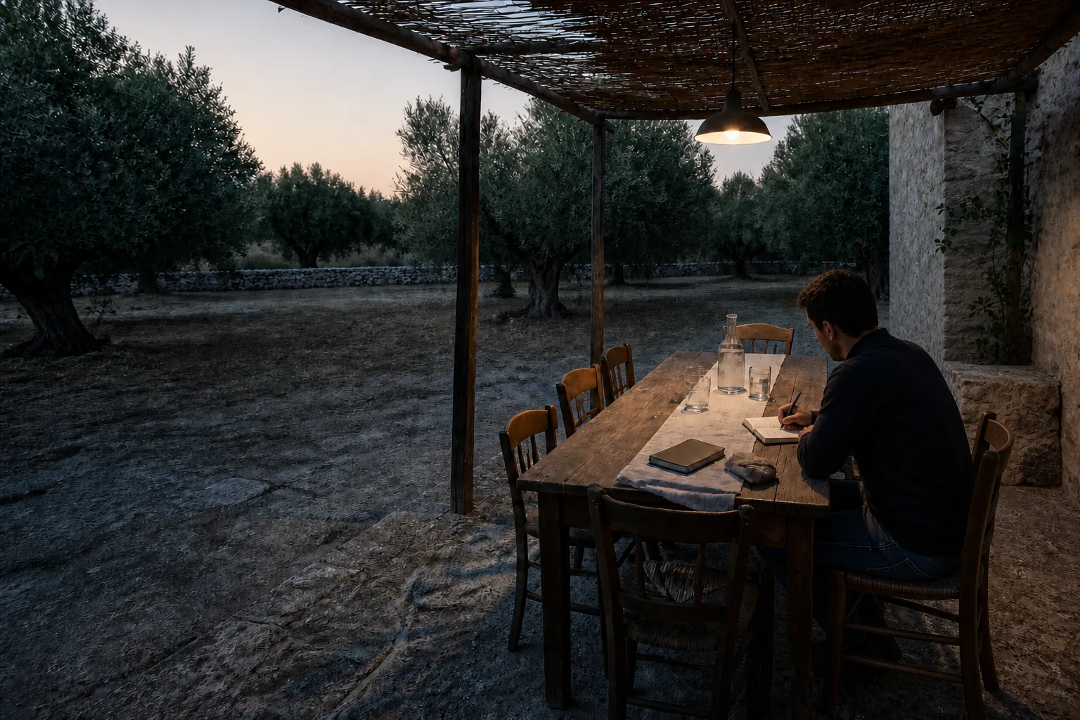 Editorial visualisation of one guest writing quietly at a table under olive trees