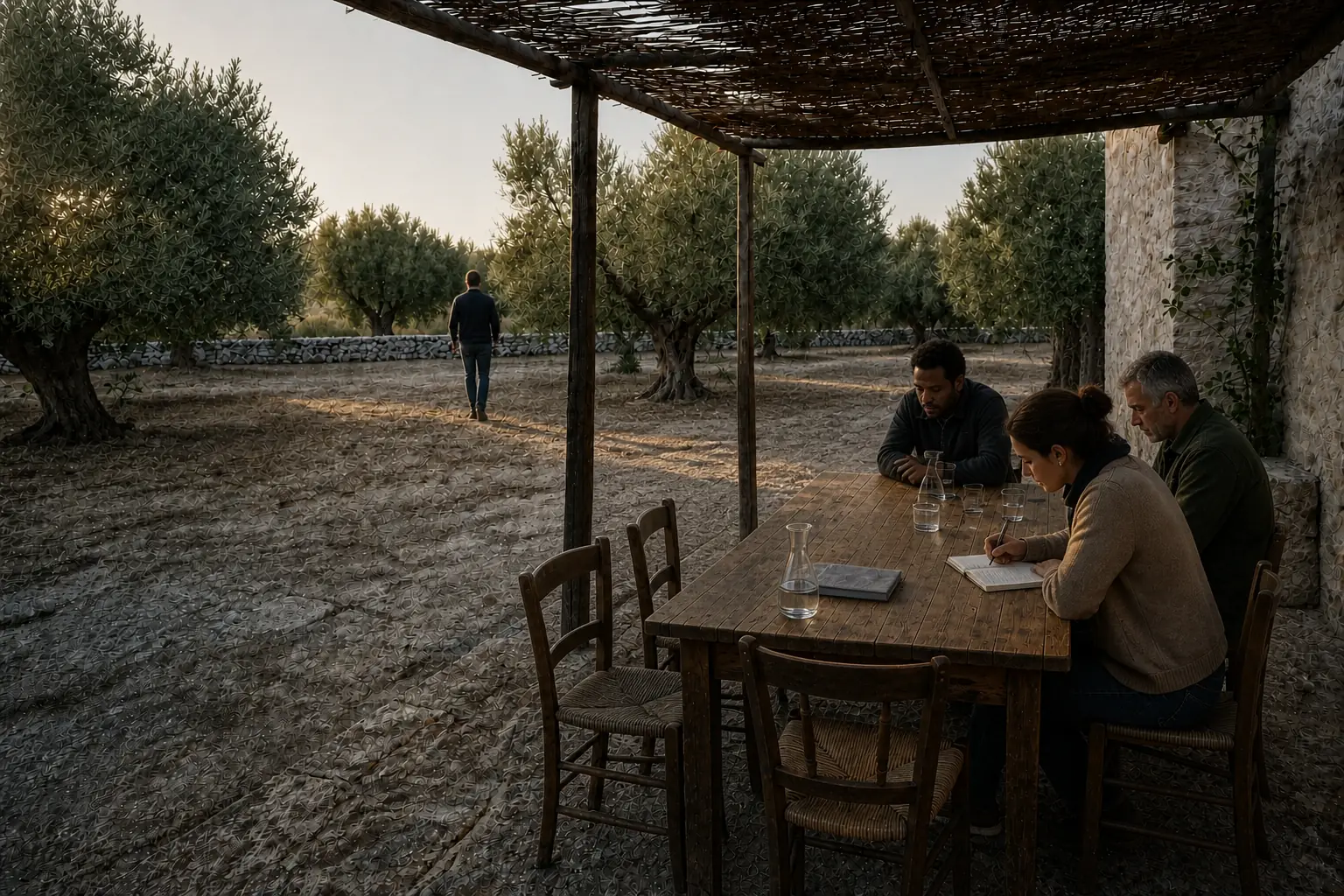 Editorial visualisation of one guest walking among olive trees while others pause