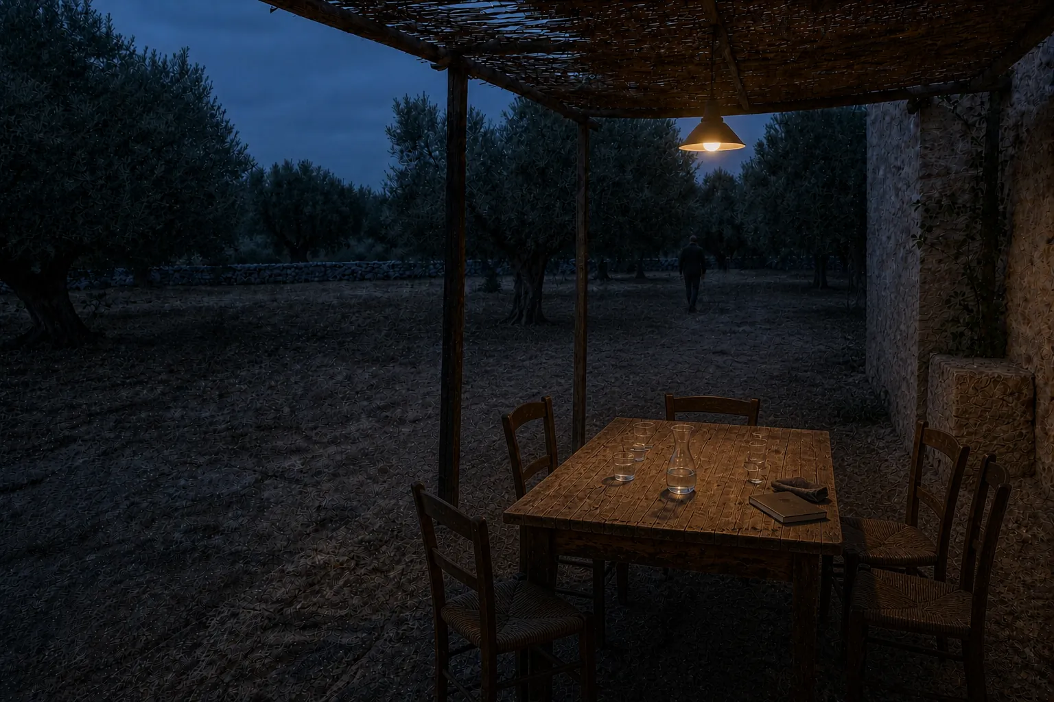 Editorial visualisation of one guest leaving a table for an olive-grove path