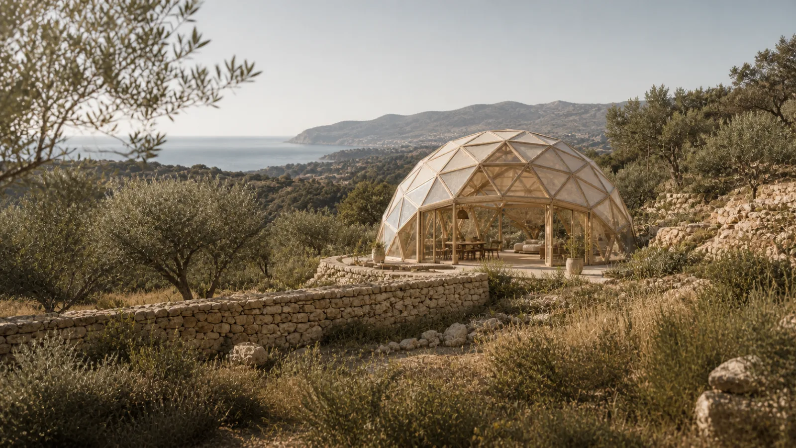Concept visualization of a timber dome among olive terraces above the Mediterranean
