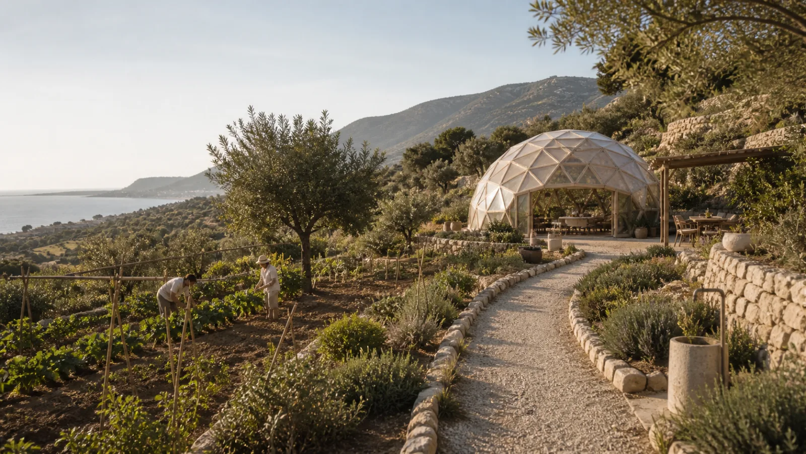 Concept visualization of a garden path connecting the Arya Dome with shared outdoor space