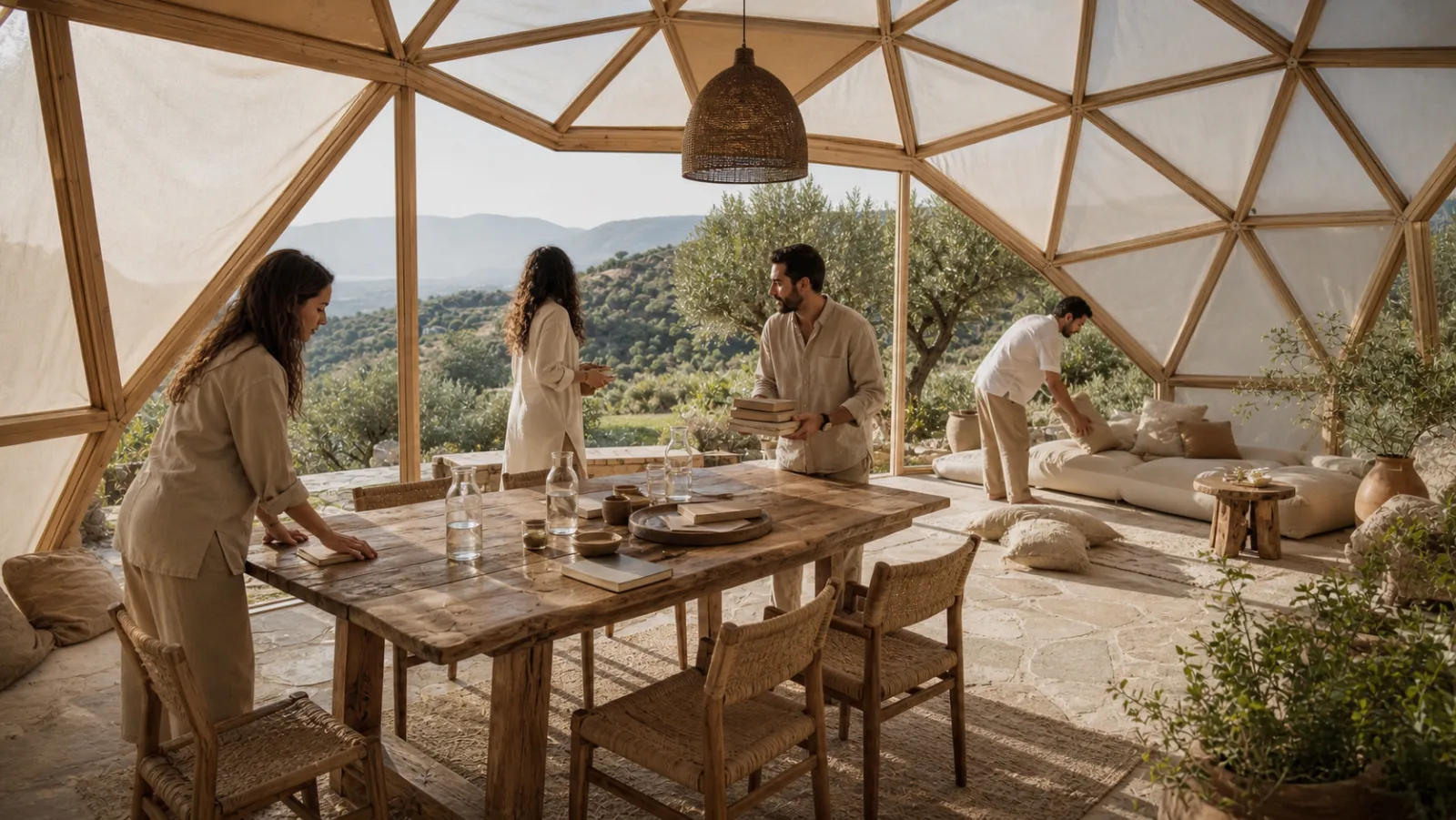 Concept visualization of adults preparing a shared room inside the Arya Dome