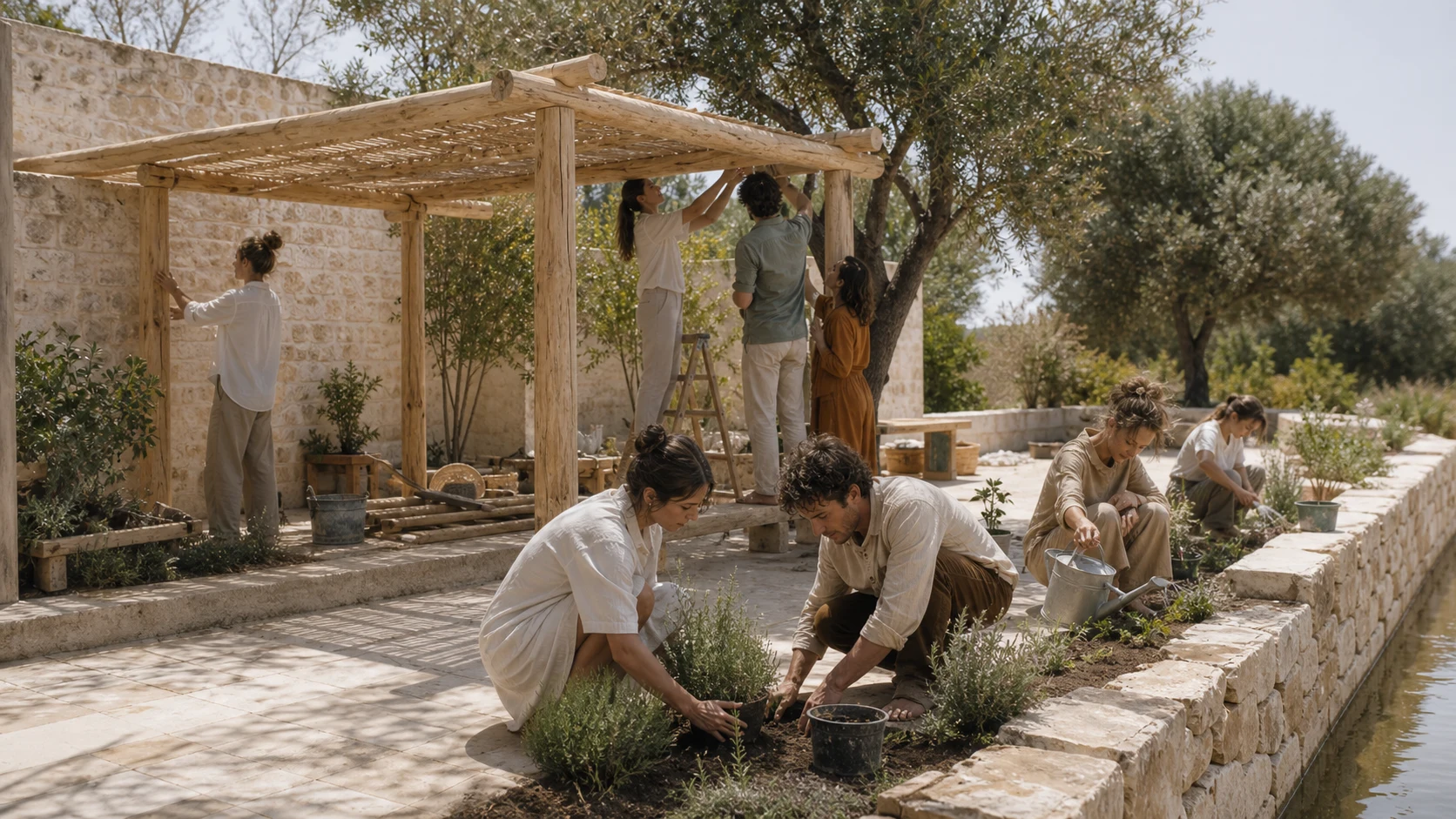 People building a temporary gathering structure together in a landscape
