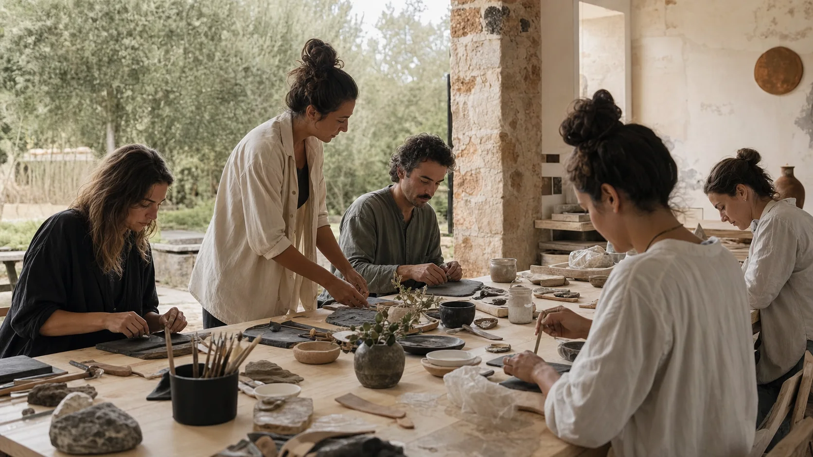 People making and talking together at a small retreat gathering