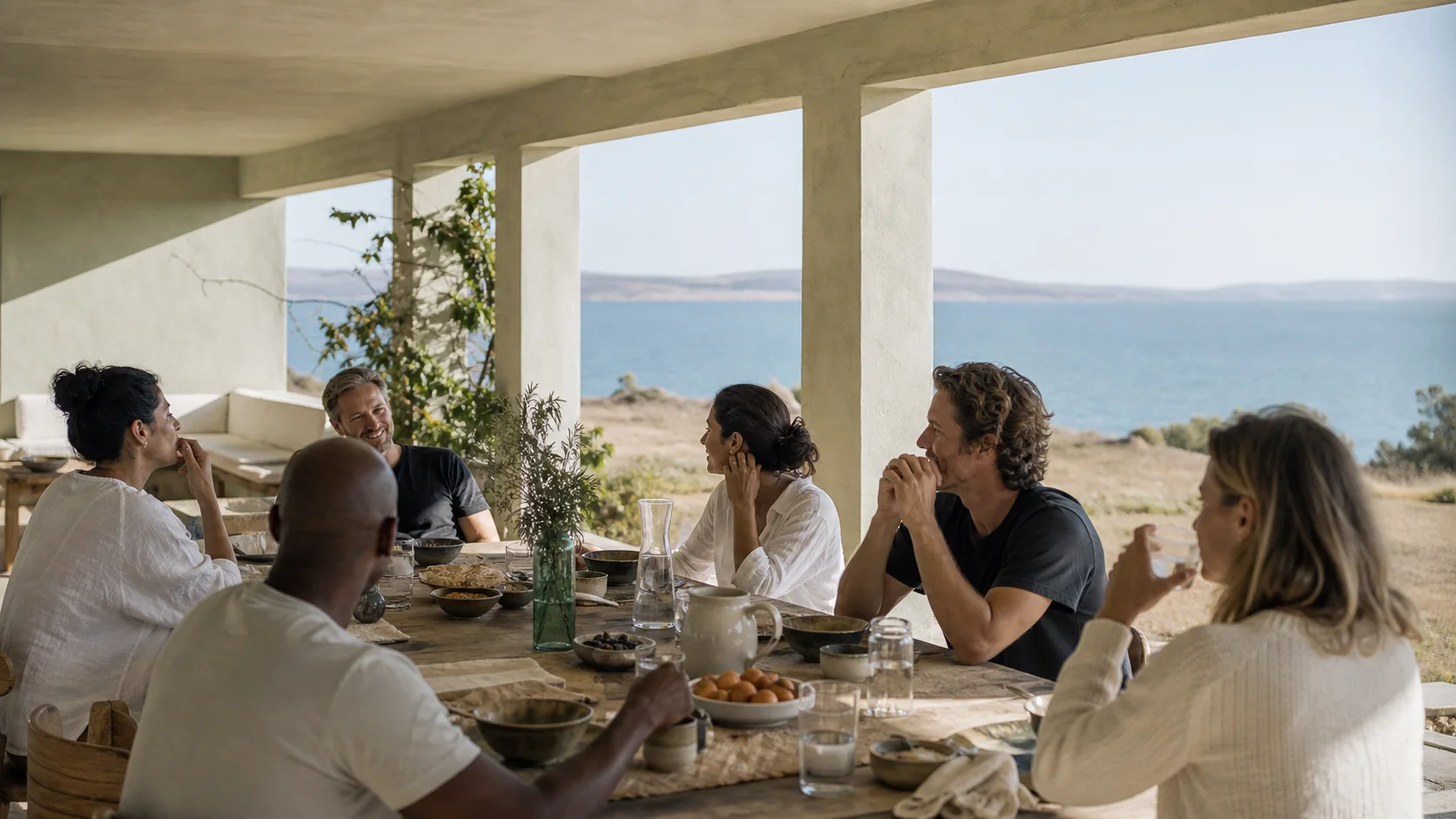 A small group sharing an unhurried meal around a long table