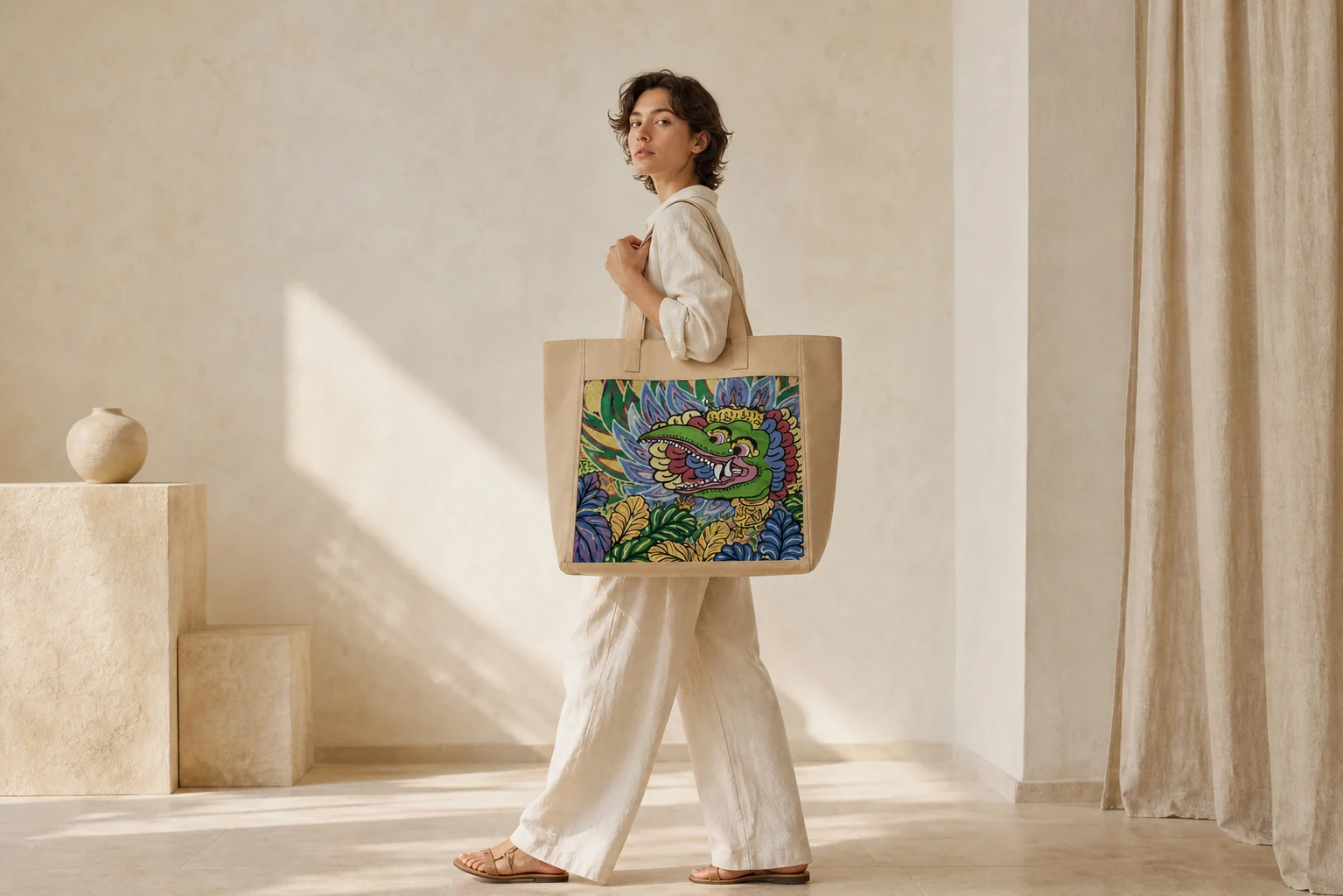 Person carrying the large cream Barong Garden Tote through a quiet natural-light interior