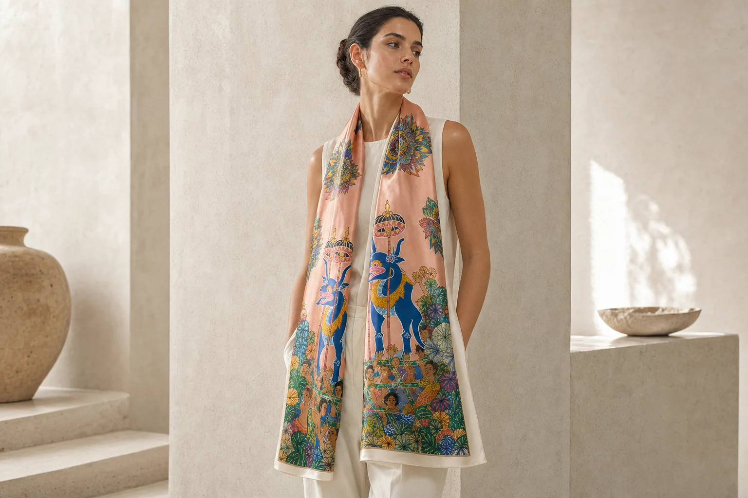 Person wearing the long Peach Procession Silk over an ivory look in a sunlit gallery