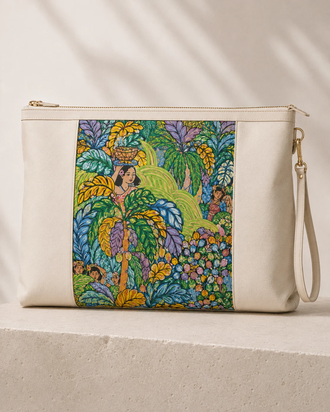 Cream zip clutch with dense green Penestanan garden artwork presented alone on stone
