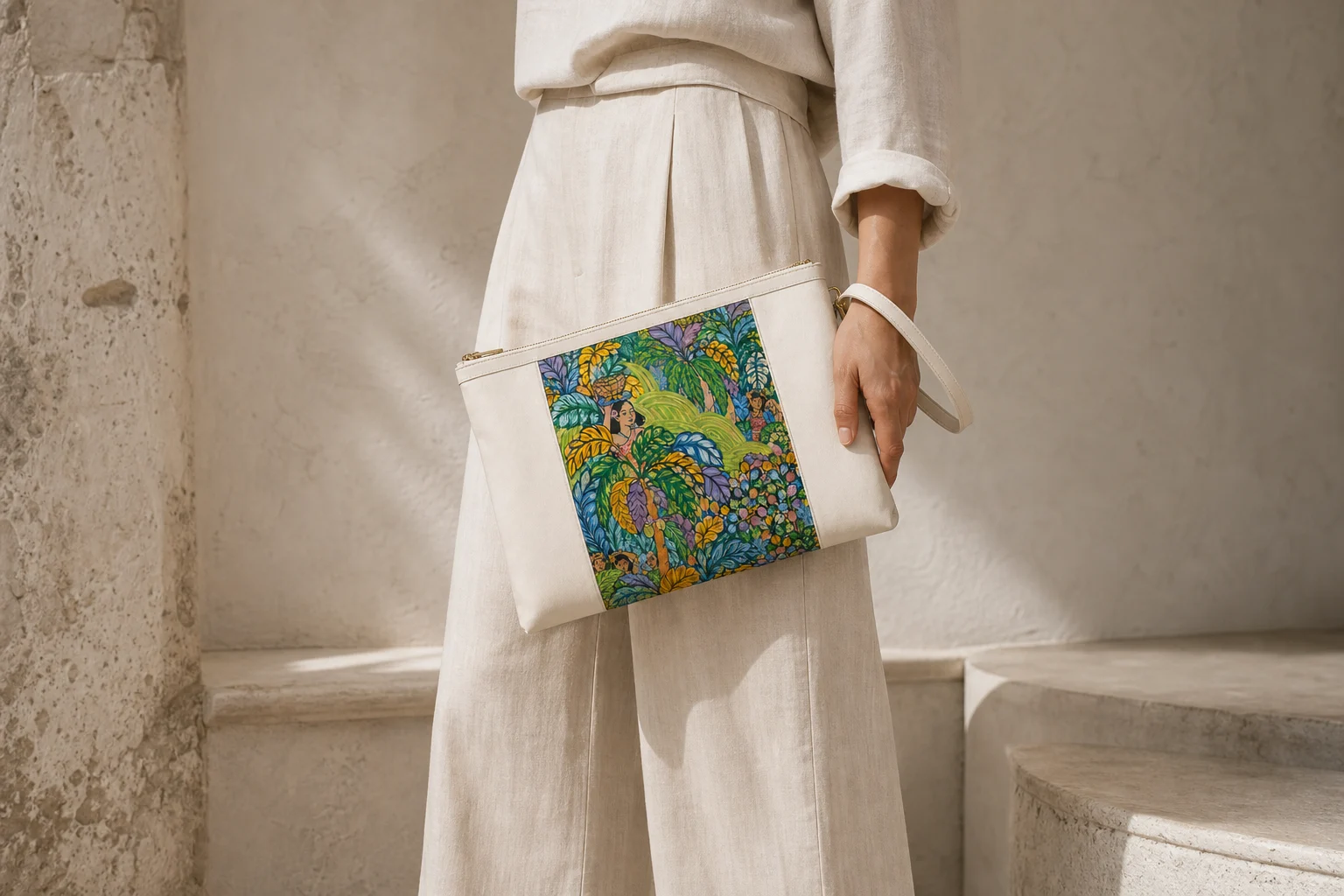 Person holding the Penestanan Garden Clutch by its wrist strap against natural linen