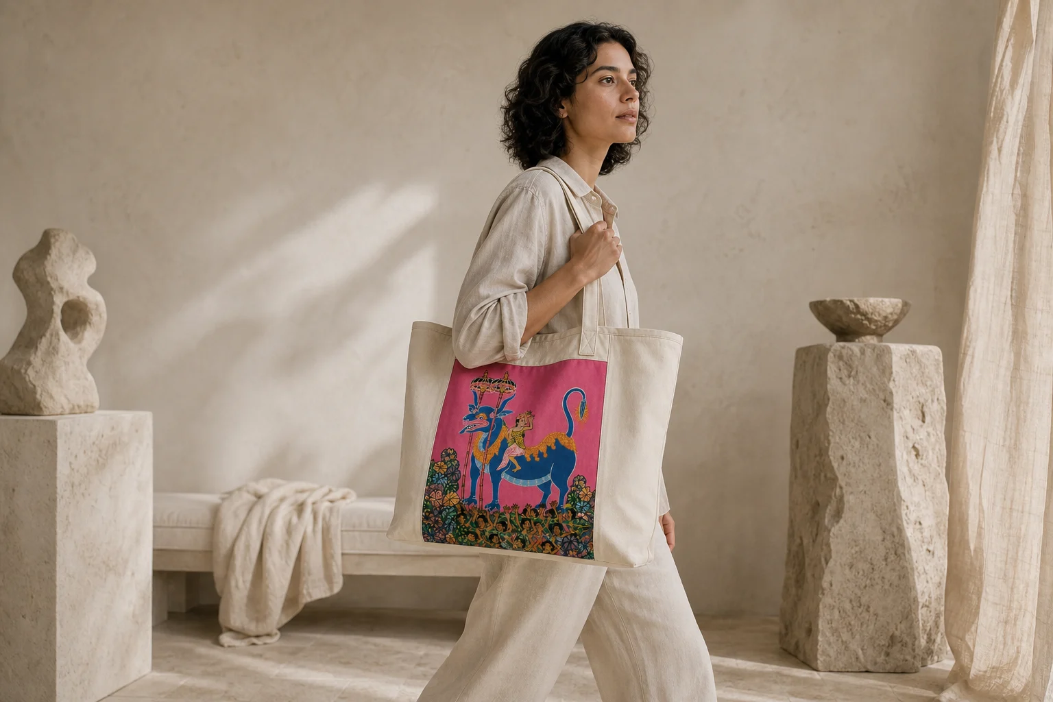 Collector Dragon Procession Grand Tote carried over the shoulder in a quiet gallery