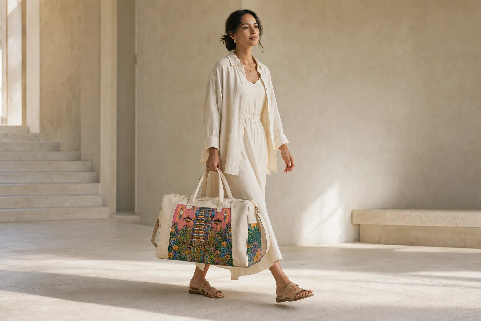 Person walking with the cream Temple Procession Weekender through a pale stone interior