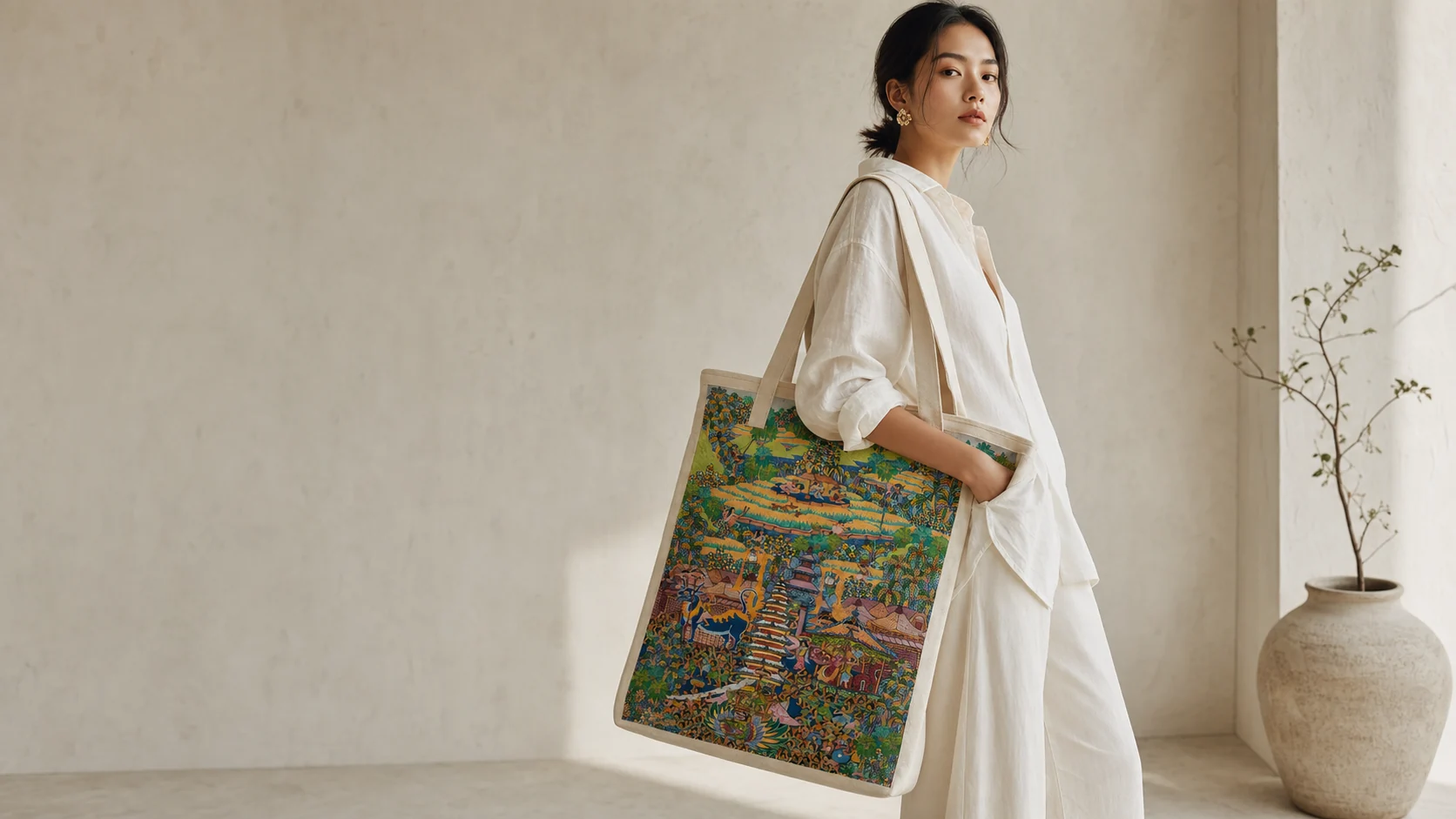 Woman in natural linen carrying a Pugur landscape tote in a quiet lime-plaster interior