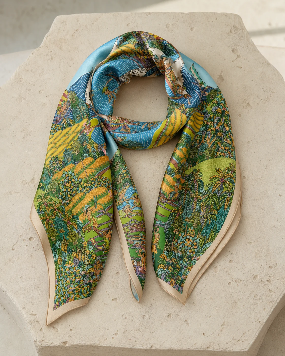 Silk scarf printed with I Wayan Pugur’s dragon boats painting, tied on a pale stone plinth