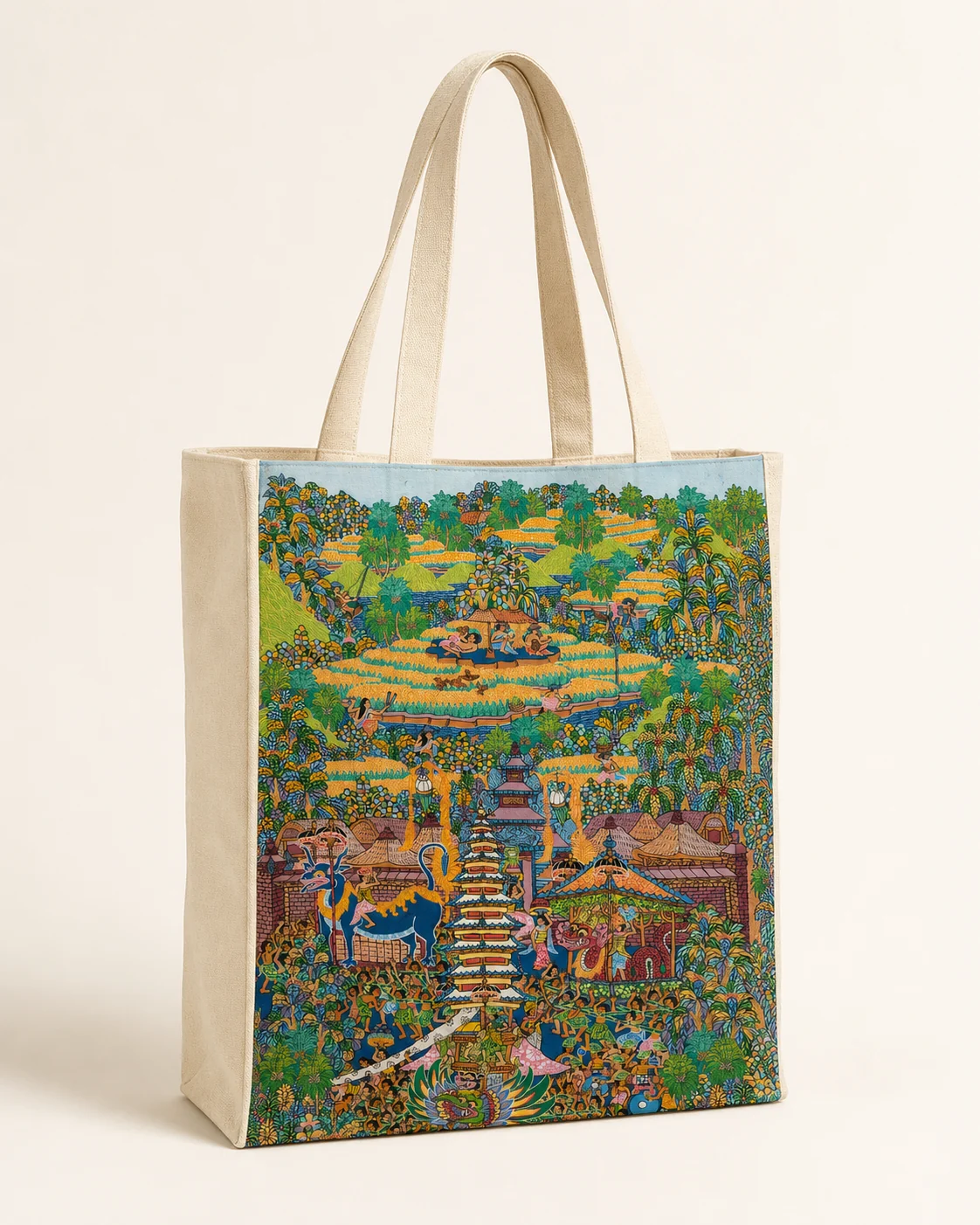 Natural canvas tote printed with I Wayan Pugur’s ceremonial painting